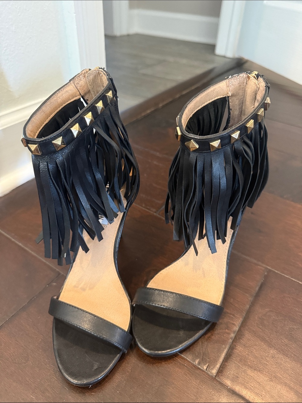 Steve Madden Black Fringe Ankle-Strap Heels with Gold Studs